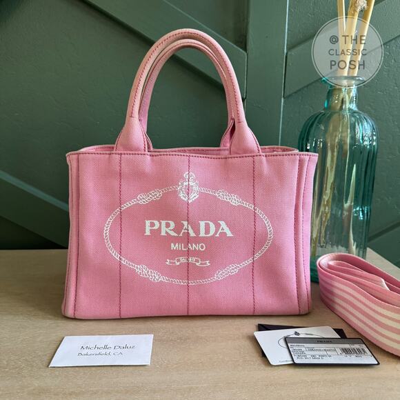 RARE Prada Canapa Small PINK Limited Striped Strap Tote Crossbody Bag - Picture 3 of 16